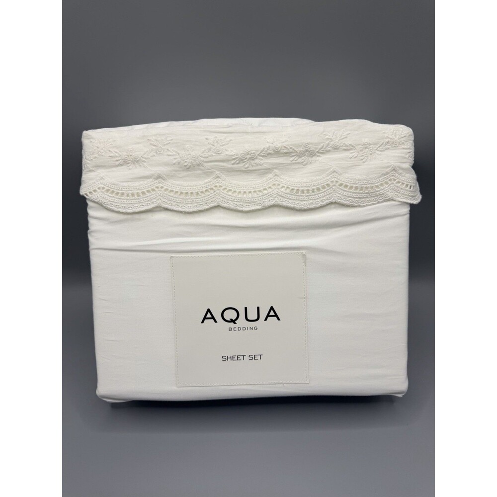 AQUA Bedding Lace 400 Thread Count Egyptian Cotton Sheet Set QUEEN White